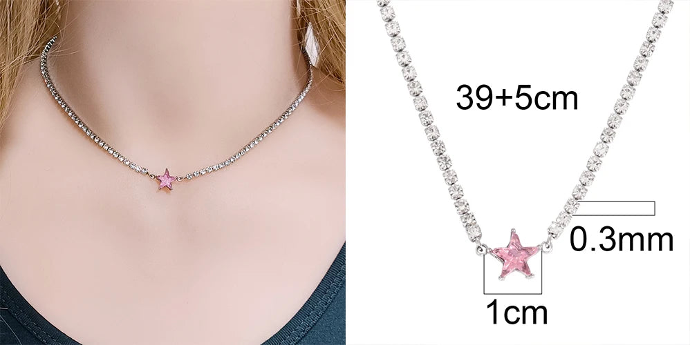 Stainless Steel Necklace Tennis Chain Hip Hop Square Pendant Necklace Star Heart Zircon Choker Necklaces For Women Jewelry
