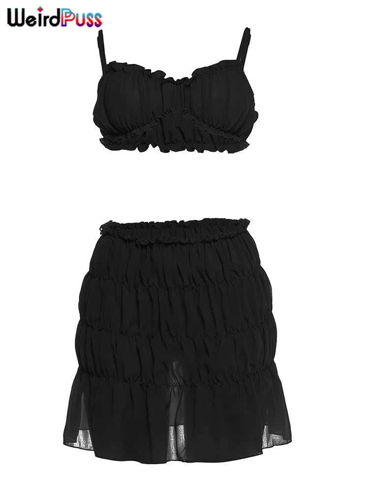 Weird Puss Ruffles 2 Piece Set Women Summer Beach Style Vacation Thin Camisole+Ruched Peach Hip Skirts Sexy Matching Clubwear