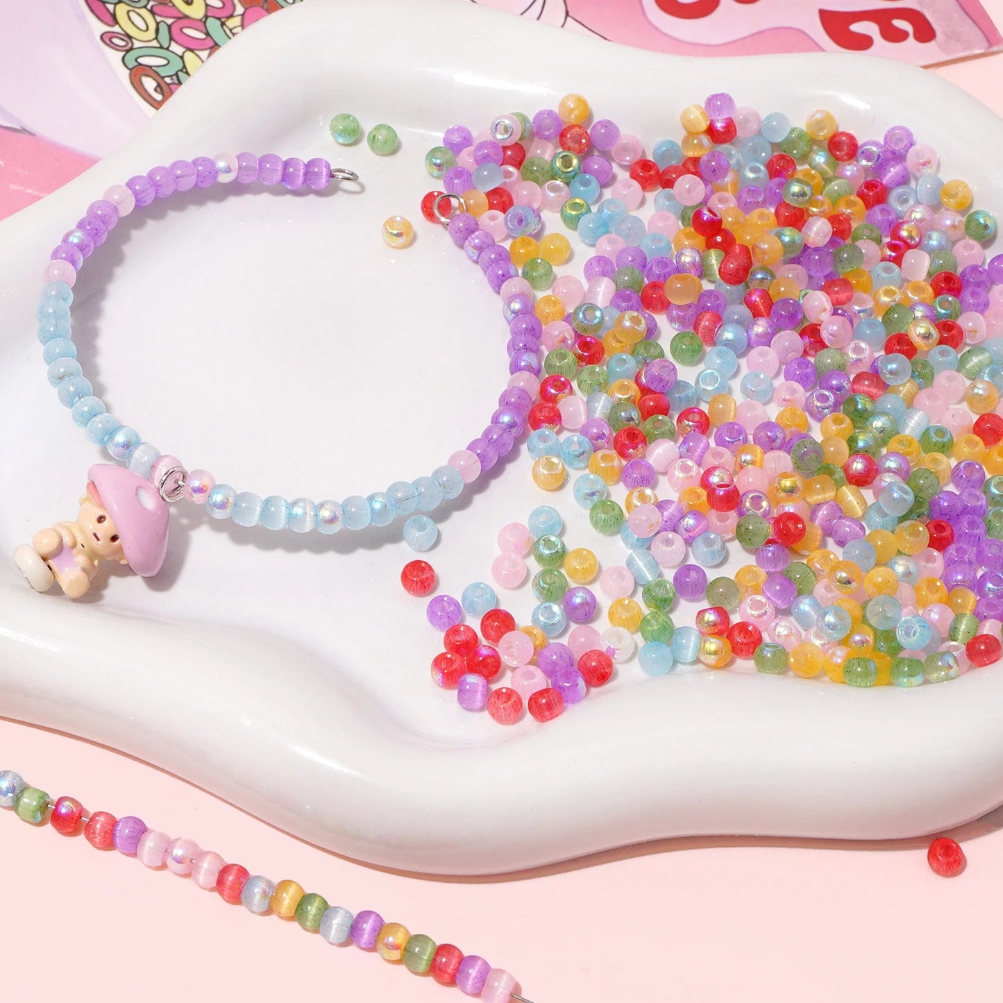 150 Cat Eye Glass Beads 4mm In Various Colors (blue, pink, yellow, green) For DIY Jewelry Making, Necklace Handicrafts, Bead Emb