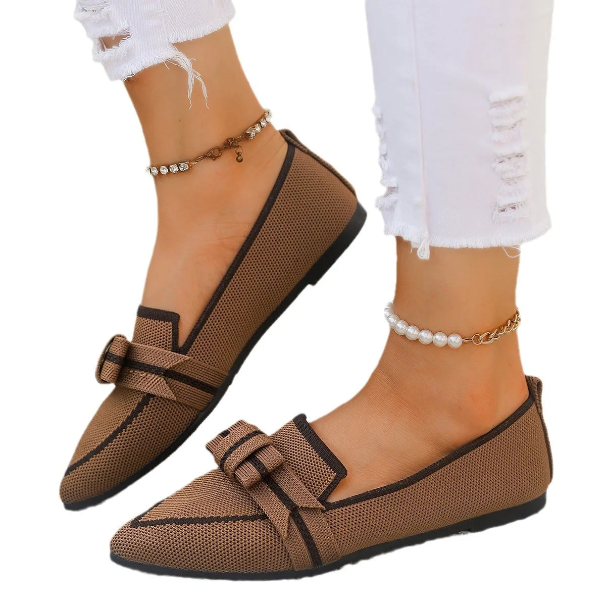 Women Flats 2024 New Knitted Slip Breathable Comfortable Solid Color Shoes Casual Pointed Toe Walking Loafers Sneakers Women Viralgem Store