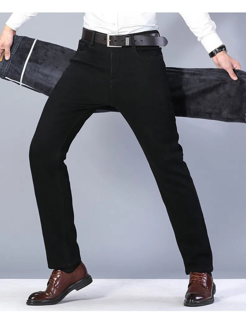 2025 Winter Warm Denim Casual  Fleece  Jeans Men Elasticity  Slim Fit Stretch Thick Velvet Pants Black Grey Blue Jeans