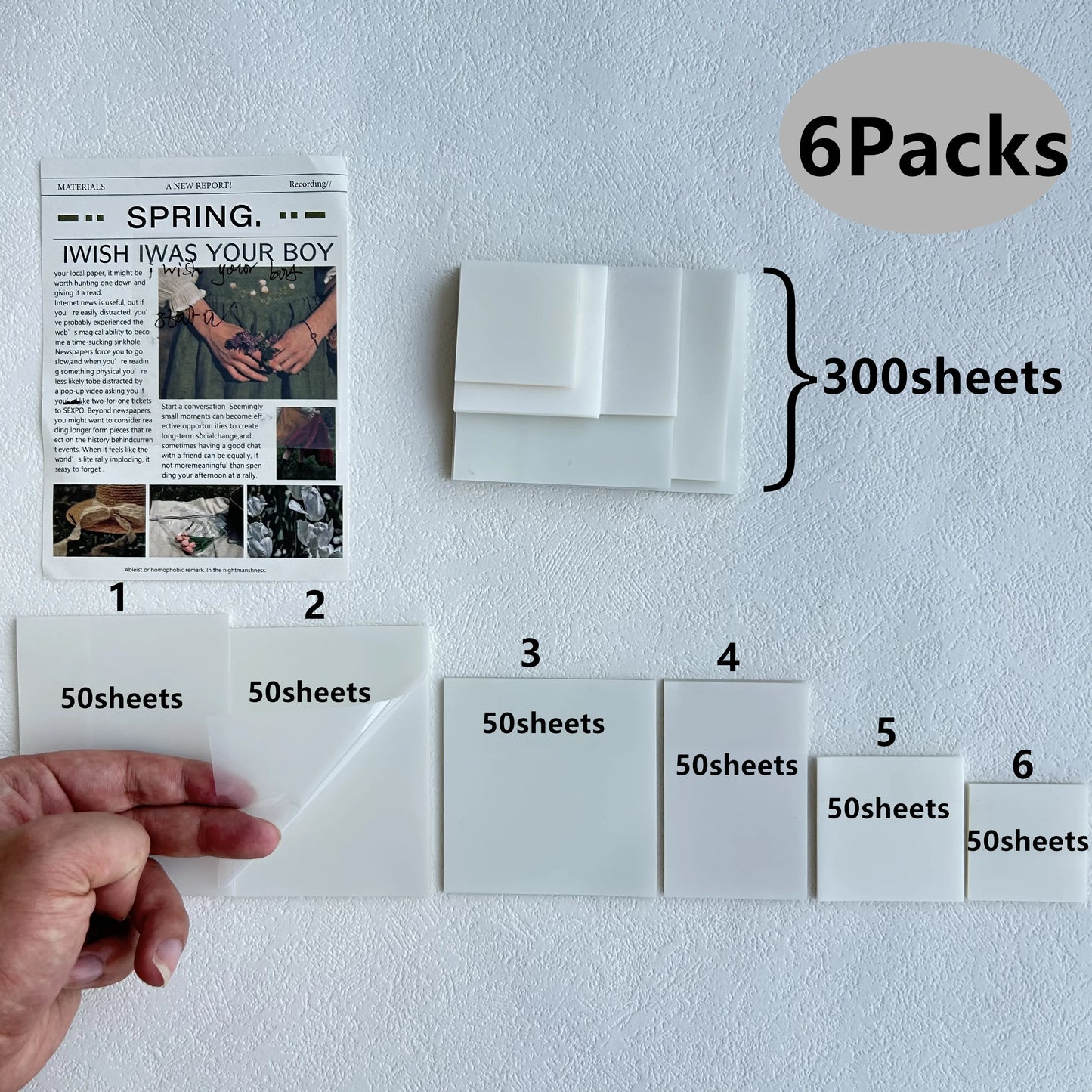 300 Sheets Creative Transparent PET Waterproof Sticky Note Pads Notepads Posits for School Stationery Office Supplies