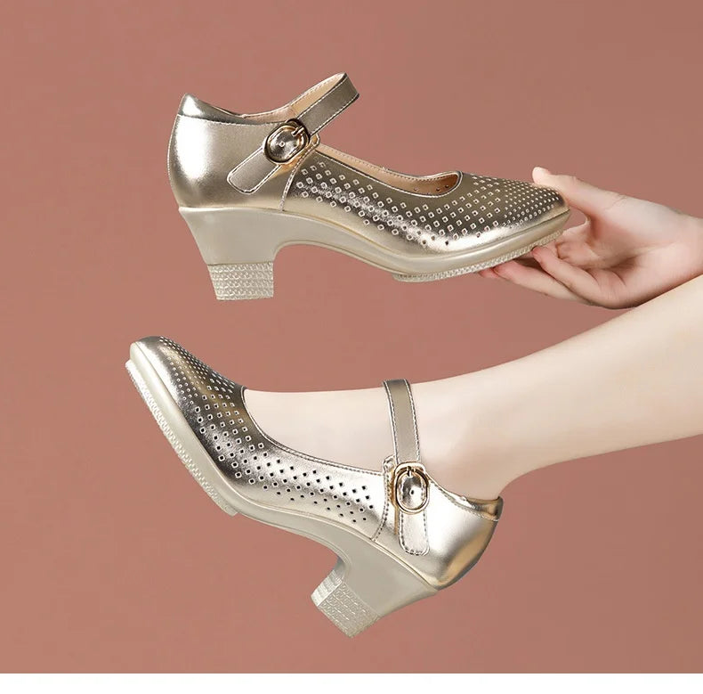 5.5cm 7.5cm Small Size 33 Breathable Cutout Block Heels Shoes Mary Janes 2024 Soft Leather Platform Pumps for Mom Dance Model