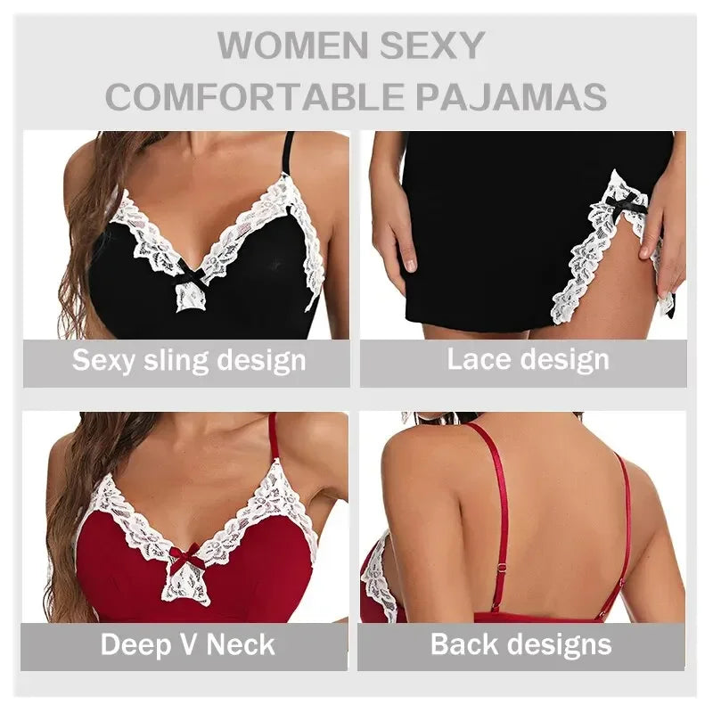 Women Nightdress Sexy Lace Chemise Bow Nightgown Sleepwear V Neck Full Slip Babydoll Lingerie Sleep Dress Sexy Costume Viralgem Store