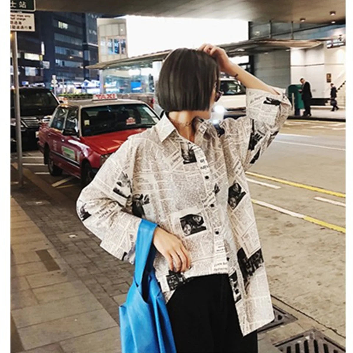 Trendy Shirt Blouse Simple Thin Newspaper Print Shirt Summer Loose Shirt Top Women Solid Color Sun Protection Shirt Streetwear Freshlook Styles