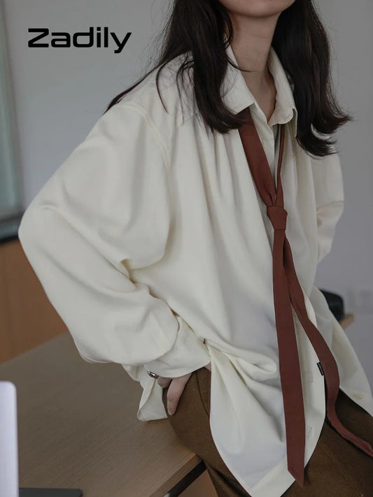 2025 Summer Minimalist Long Sleeve Button Up Shirt Women Korean Style Solid Tie Oversize Shirts Blouse Loose Clothes Autumn Tops