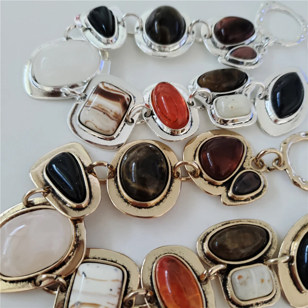2025 New Indian Vintage Statement Resin Bracelets Women Boho Ethnic Gold Silver Plated Metal Links Charm Bracelets Jewelry