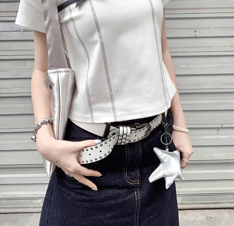 Yedinas High Quality Cotton T Shirt Women Clothes Korean Fashion Summer Tops Short Sleeve Bow Bright Line Decoration Tees Y2k