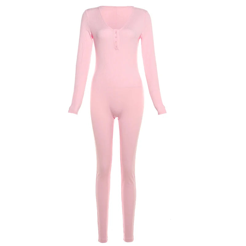 Weird Puss Fitness Button Low-Neck Casual Jumpsuit Women Autumn Fashion Ribbed Stretch Full Sleeve Basic Body-Shaping Overalls