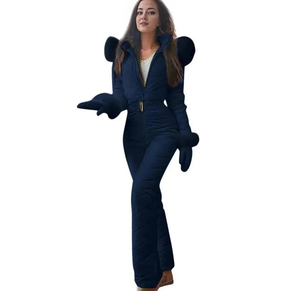 Women Winter Jumpsuit with Gloves Thickened Padded Snowsuit Hooded Windproof Outdoor Ski Outfit Ice Snow Warm Sports Jacket Viralgem Store