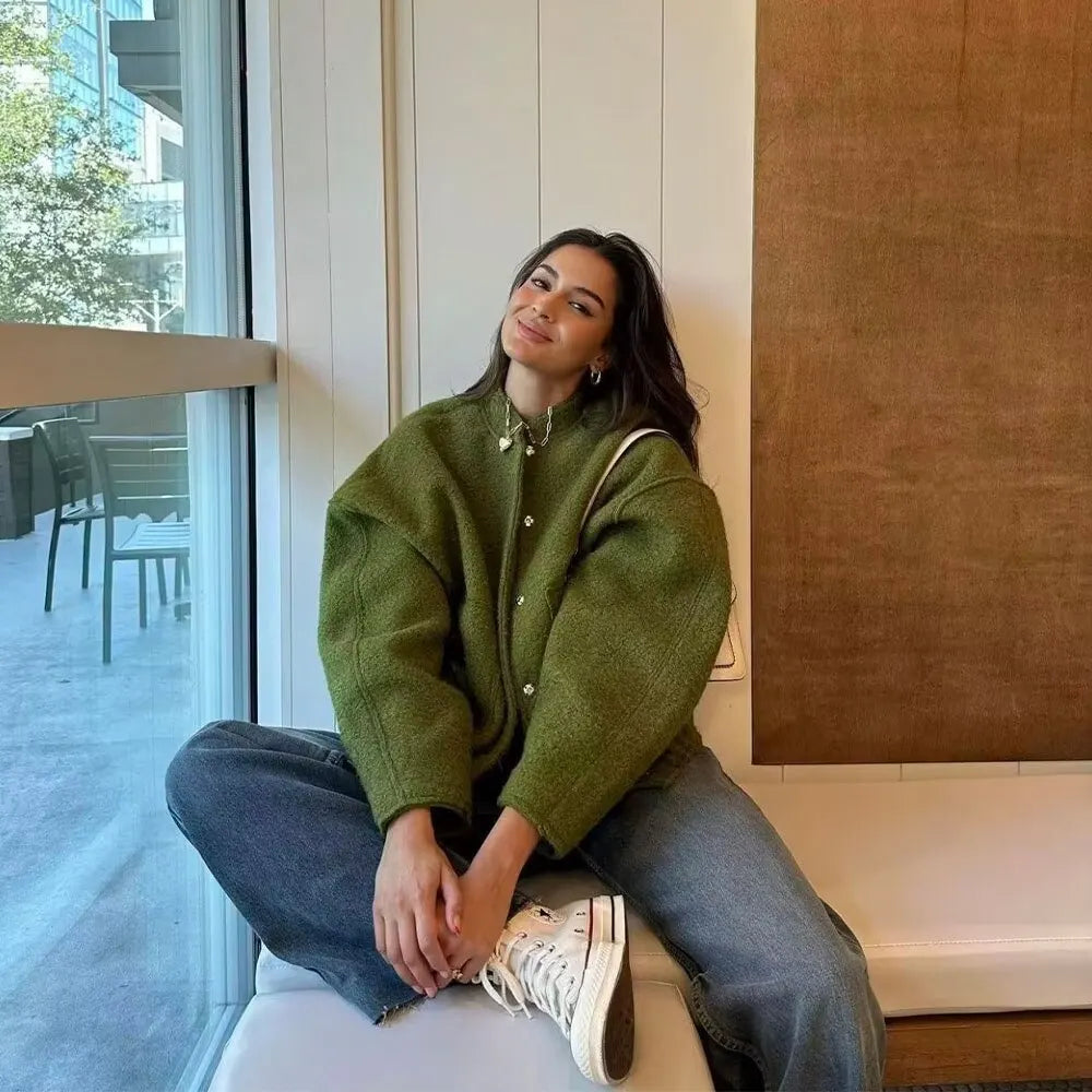 2023 Women Fashion With Pockets Oversized Bomber Jacket Coat Vintage Long Sleeve Snap Button Female