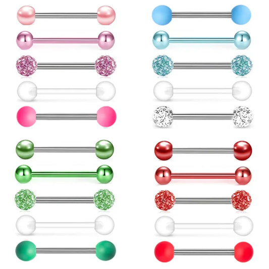 5PCS Acrylic Tongue Piercing Barbell Set Stainless Steel Glitter Tongue Rings Lot 14G Nipple Piercing Bar Bulk Piercing Langue