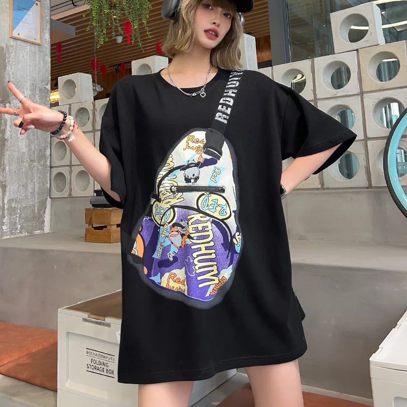 Summer Y2k Clothes New Messenger Bag Printed Pocket Zipper T-shirt Women Europea Style Casual Large Size Couple Casual Tees Tops