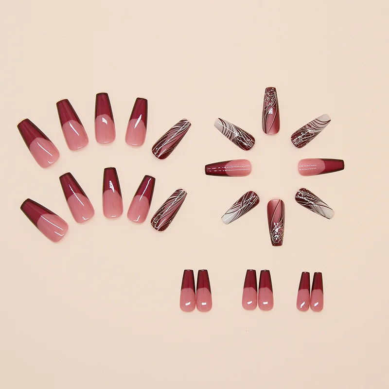 24Pcs Ladder-shaped Ballet False Nails with Glue Stripe Floral Nail Art Ombre French Press on Acrylic Nail Tips for Spice Girls