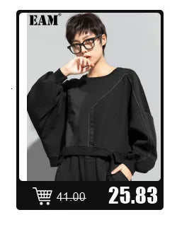 [EAM] Loose Fit Black Denim Big Size Sweatshirt New High Collar Long Sleeve Women Big Size Fashion Spring Autumn 2024 1K166