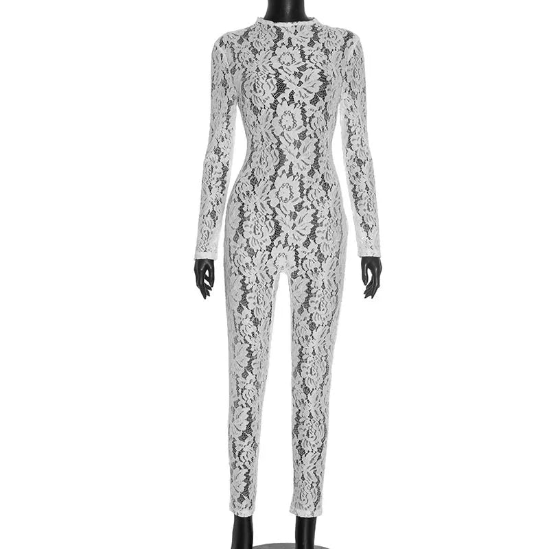 FDYOUI Sexy Lace Jumpsuit for Women 2025 Autumn Long Sleeve See-through Tight Bodysuit Evening Party Outfit White Black Clubwear Viralgem Store