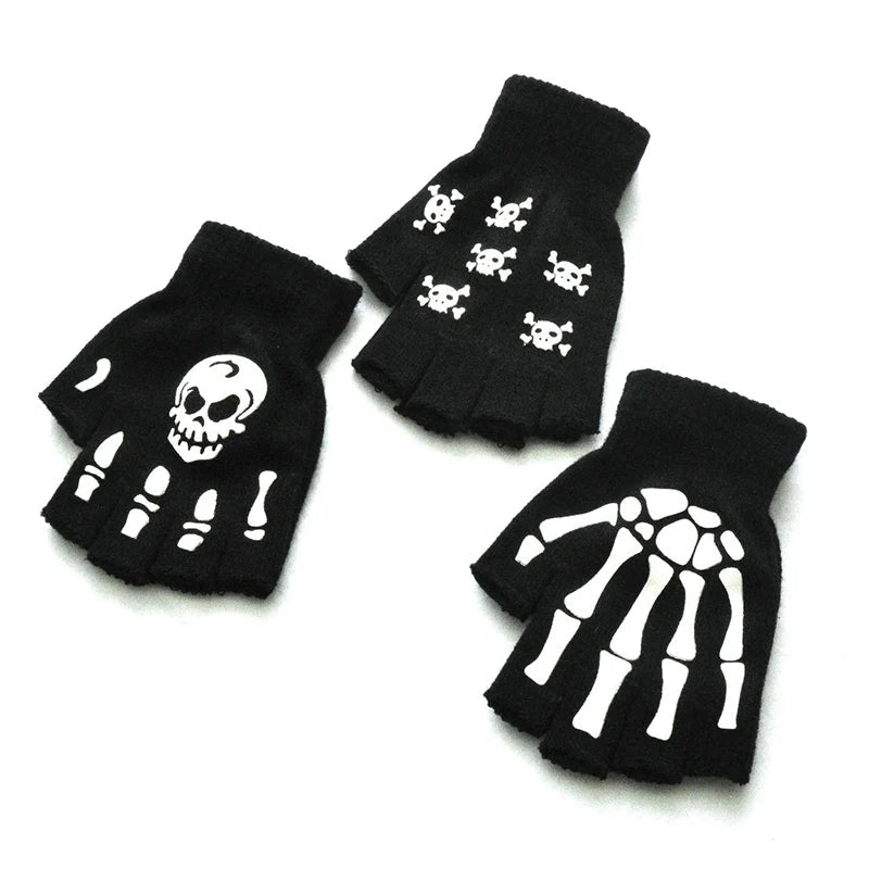 Unisex Halloween Skull Gloves Punk Luminous Glow in The Dark Skeleton Half Finger Glove Cosplay Non-slip Wrist Stretch Mittens Viralgem Store