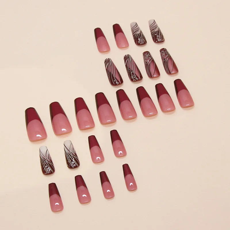 24Pcs Ladder-shaped Ballet False Nails with Glue Stripe Floral Nail Art Ombre French Press on Acrylic Nail Tips for Spice Girls