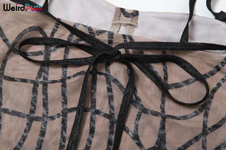 Weird Puss Stripe Print Sexy 2 Piece Set Women See Through Coquette Camisole+Long Skirts Midnight Clubwear Party Matching Suits Viralgem Store