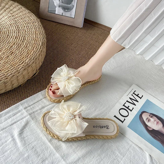 Women Summer Slippers Online Celebrity Slippers Ins New Joker Korean Fairy Wind Mesh Bow Word Drag Breathable Wear-resistant