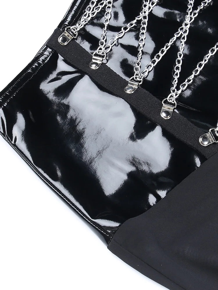 Yangelo Goth Grunge Skirt With Buckle Women Y2K Punk Sexy Bottoms Patchwork Split Long Skirts Summer Zipper See Through Clothes