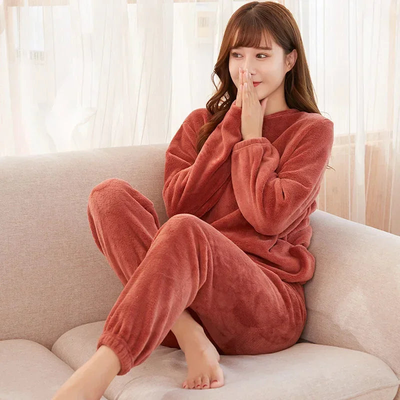 2024 Winter Pyjamas Warm Flannel Women Thick Leisure Wear Simplicit Coral Velvet Long Sleeve Solid Sleepwear Pajamas Set Viralgem Store