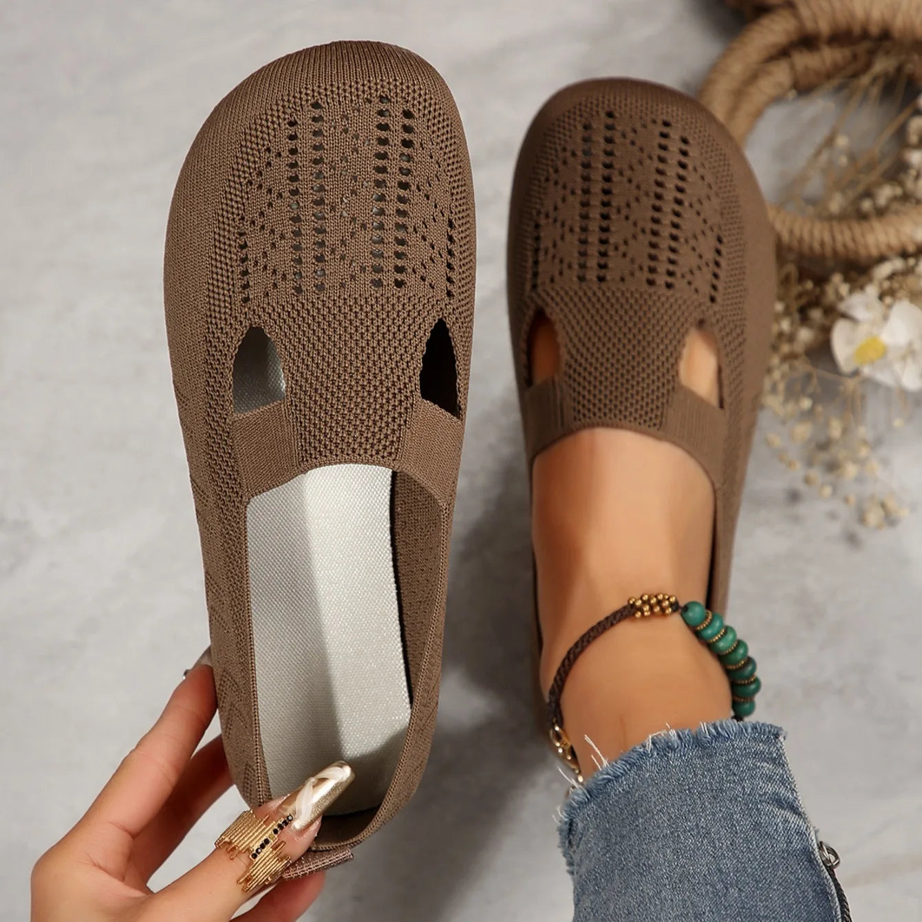 Women Flat Shoes Summer New Casual Breathable Mesh Loafers Square Toe Hollow Sneakers Barefoot Female Knitted Shoes for Women