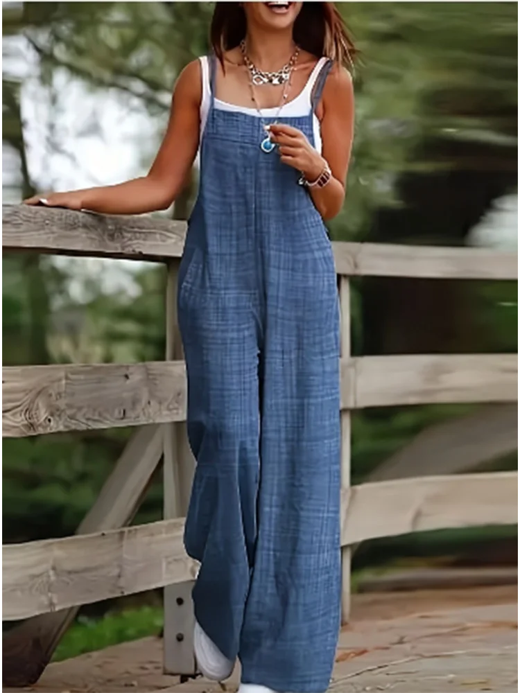 Women's Sleeveless Jumpsuit with Suspender Loose Casual Pocket Monochromatic Summer Viralgem Store