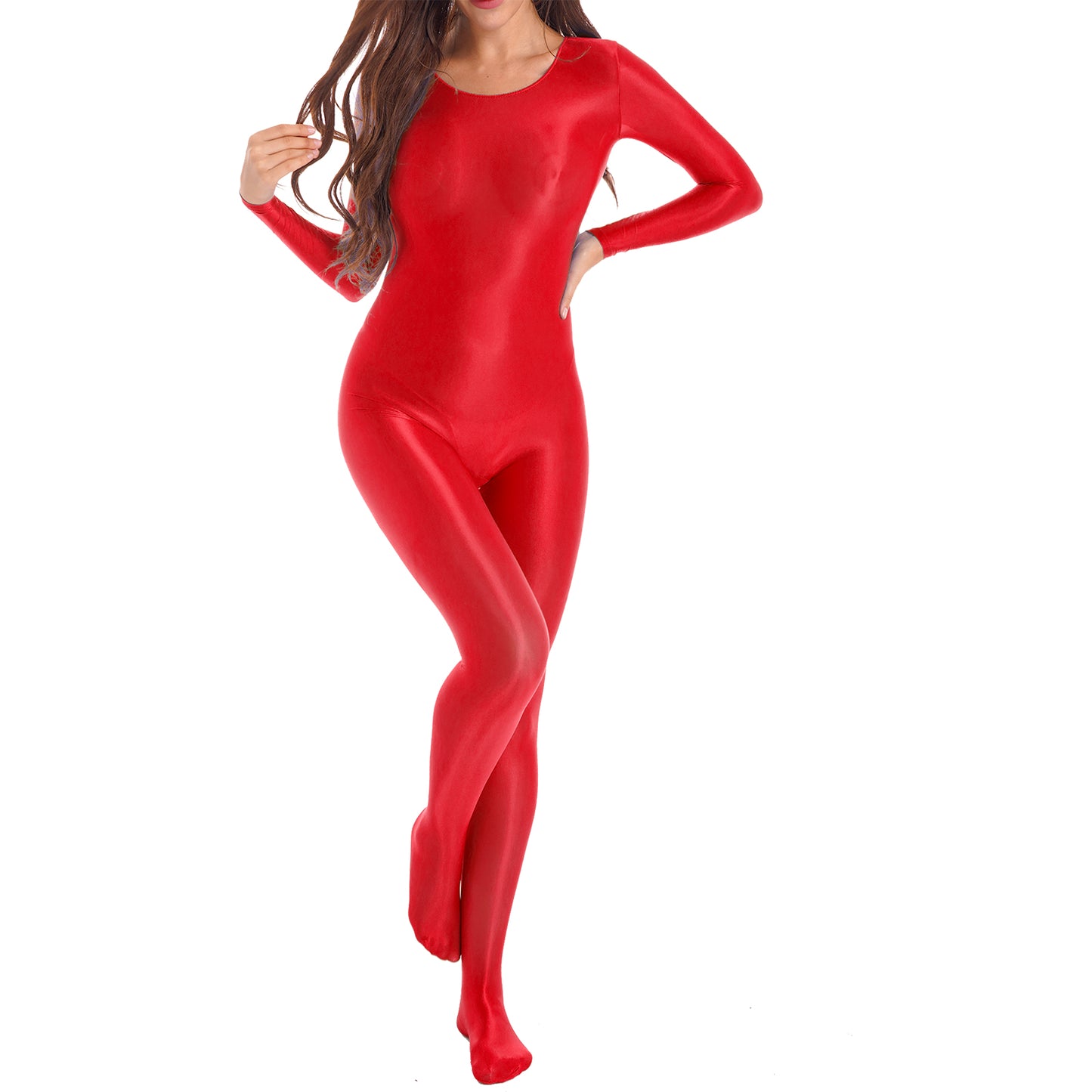 Womens Oil Glossy Bodysuit One Piece Swimwear Long Sleeve Teddies Stretchy Jumpsuit Bodystocking Rave Party Clubwear Swimwear