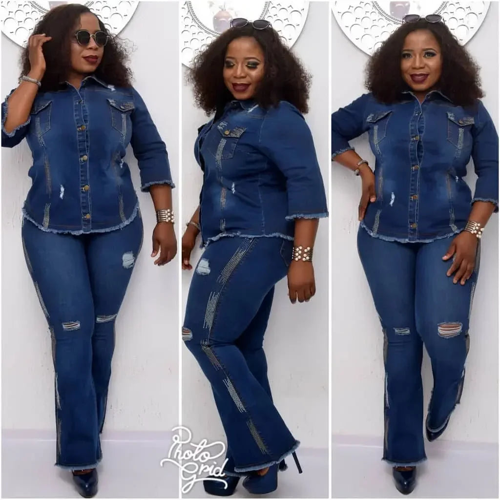 Two Piece Set Women Cowboy Suit Jean Jacket Single Breasted Turndown Collar Hole Flare Pants Female Outfits Casual Ensemble Viralgem Store