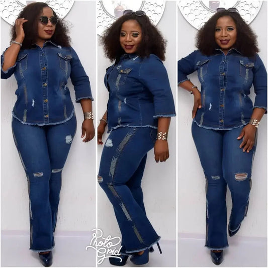 Two Piece Set Women Cowboy Suit Jean Jacket Single Breasted Turndown Collar Hole Flare Pants Female Outfits Casual Ensemble Viralgem Store