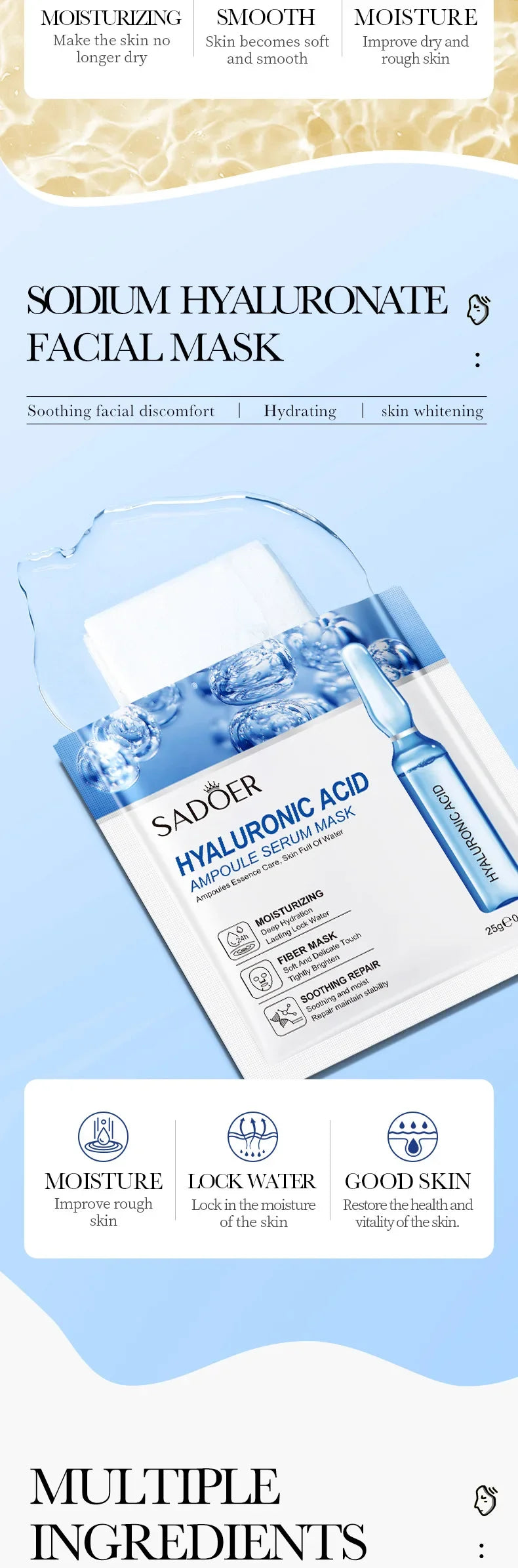 15pcs 24K Gold Hyaluronic Acid Face Mask Facial Firming Moisturizing Anti Wrinkle Whitening Facial Masks Skin Care Products