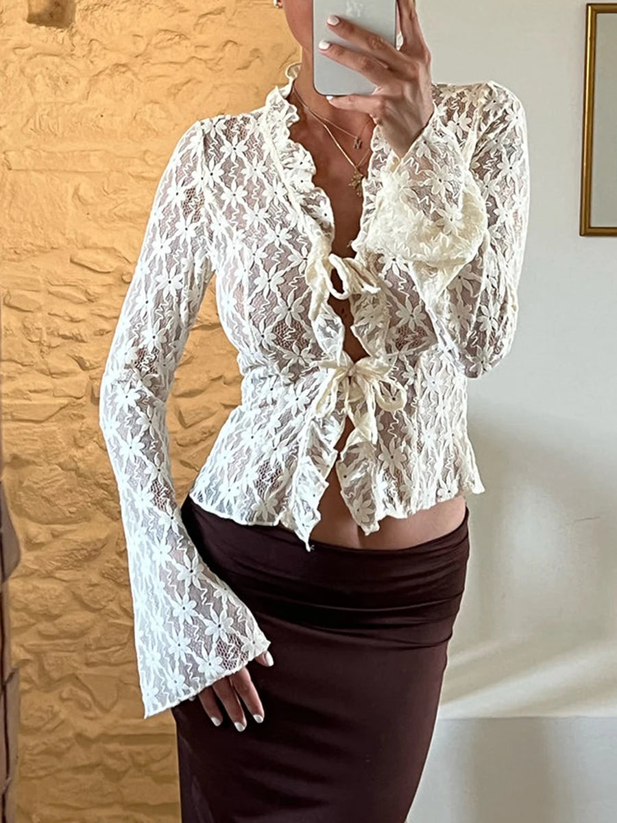 Women s Summer Lace Shirt Tops Y2k Flare Long Sleeve Tie Front Sheer Slim Crop Cardigan Clubwear