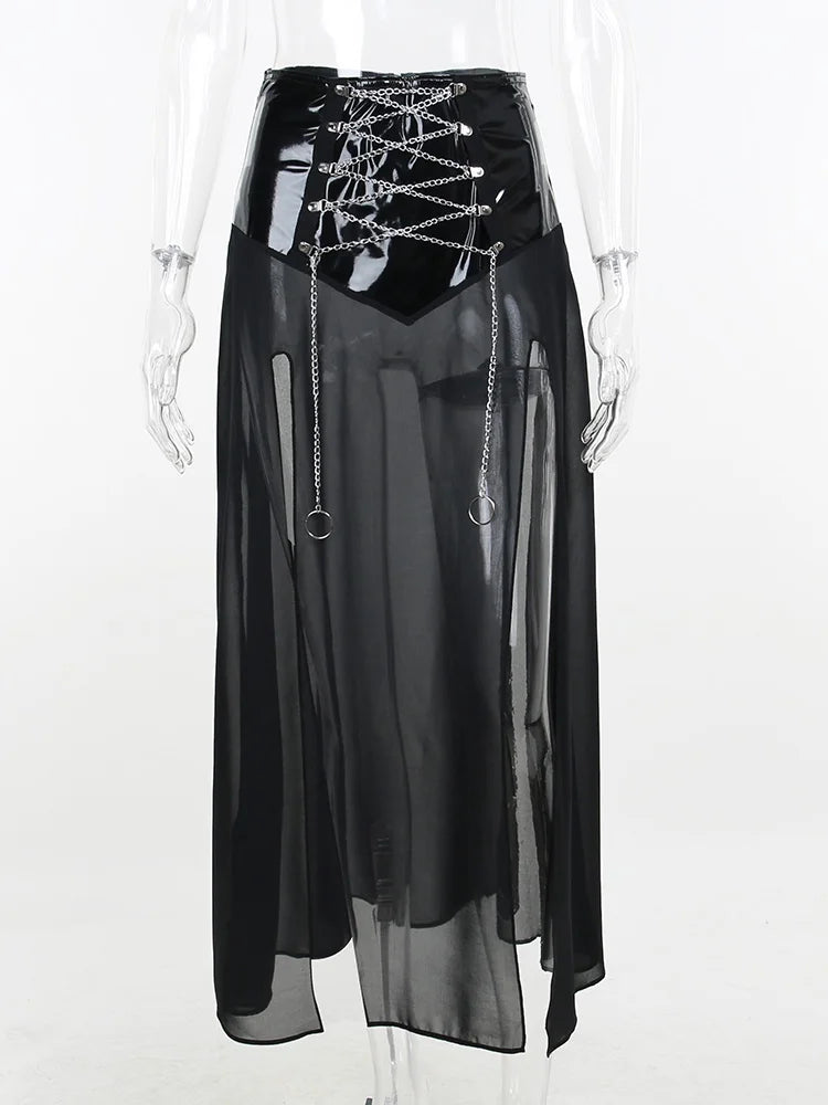 Yangelo Goth Grunge Skirt With Buckle Women Y2K Punk Sexy Bottoms Patchwork Split Long Skirts Summer Zipper See Through Clothes