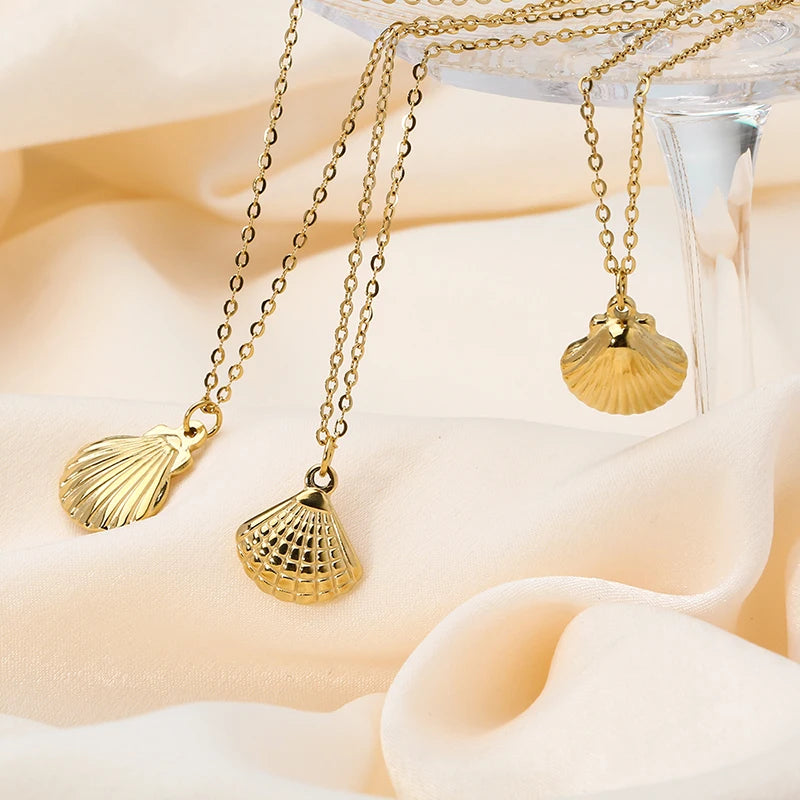 Tarnish Free Stainless Steel Waterproof Jewelry Starfish Conch Shell Coconut Palm Pendant Necklace for Women Girls Holiday Gift