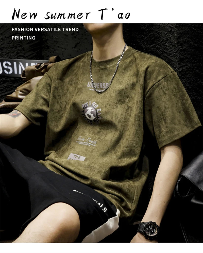 Summer Graphic Printed Suede Short Sleeve T-shirt For Men 2024 New Y2K Streetwear Oversized Tee Shirts Hip Hop O-Neck Tops