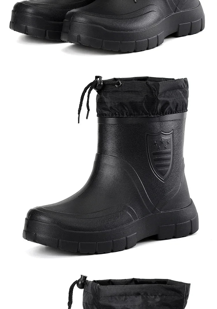 Winter Windproof Cotton Rain Boots Men Warm Light Ankle Rainboots Fashion Black Slip on Rain Shoes Men Waterproof Work Boot2024