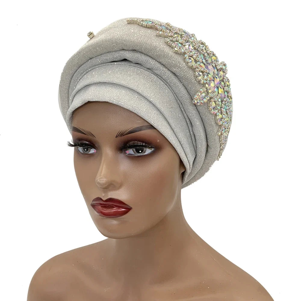 African Wrap Head Headgear Nigeria Auto Gele Headtie Turbante Mujer Luxury Rhinestone Turban Hat for Women Glitter