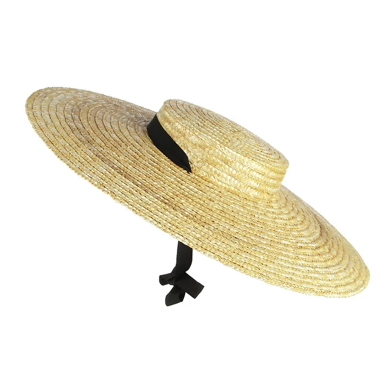 Wide Brim Straw Hat For Women Long Ribbon Ladies Beach Hat Summer Sun Visor Cap Flat Top Large Brim Tie Straw Straw Hat Viralgem Store