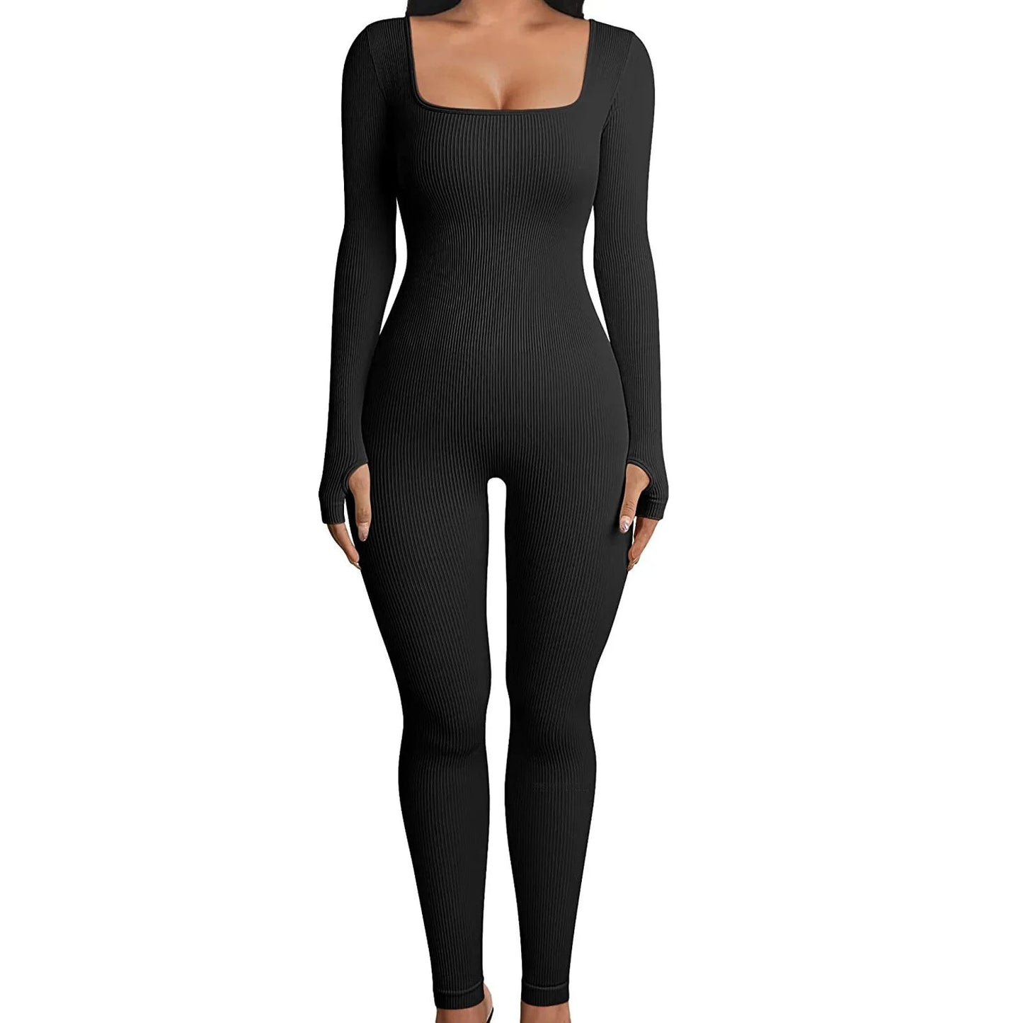 Women Elegant Skinny Jumpsuits Fall Winter Solid Ribbed Knit Long Sleeve Jumpsuit Y2k Square Neck Bodycon Sport Playsuits Female Viralgem Store