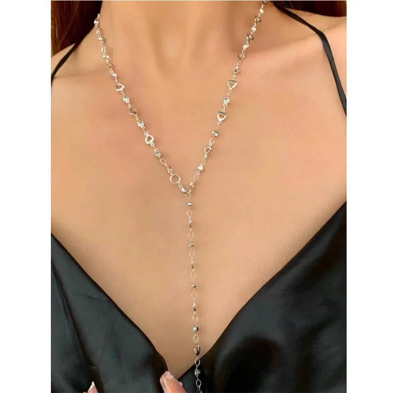 31.2in Fashion Colorful Glass Long Y-Shaped Necklace for Women Metal Collarbone Chain Summer Holiday Party Body Jewelry