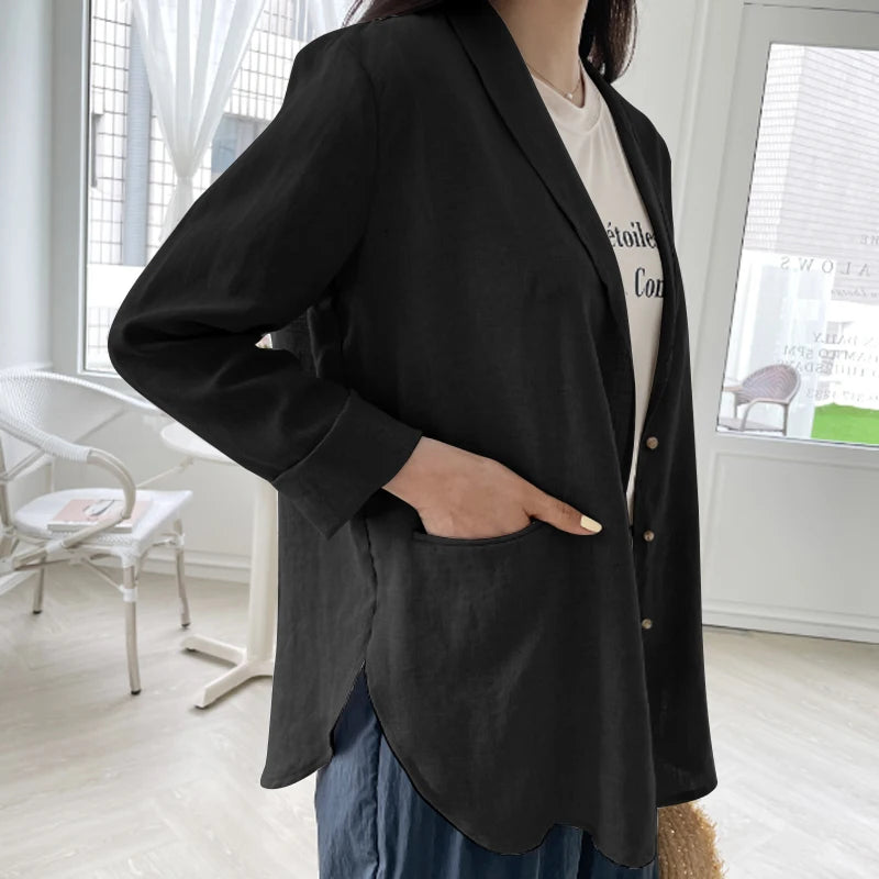 Women Solid Blazer 2024 Autumn ZANZEA Fashion Long Sleeve Outerwear Casual Loose Lapel Collar Coat Vintage Pocket Thin Jackets