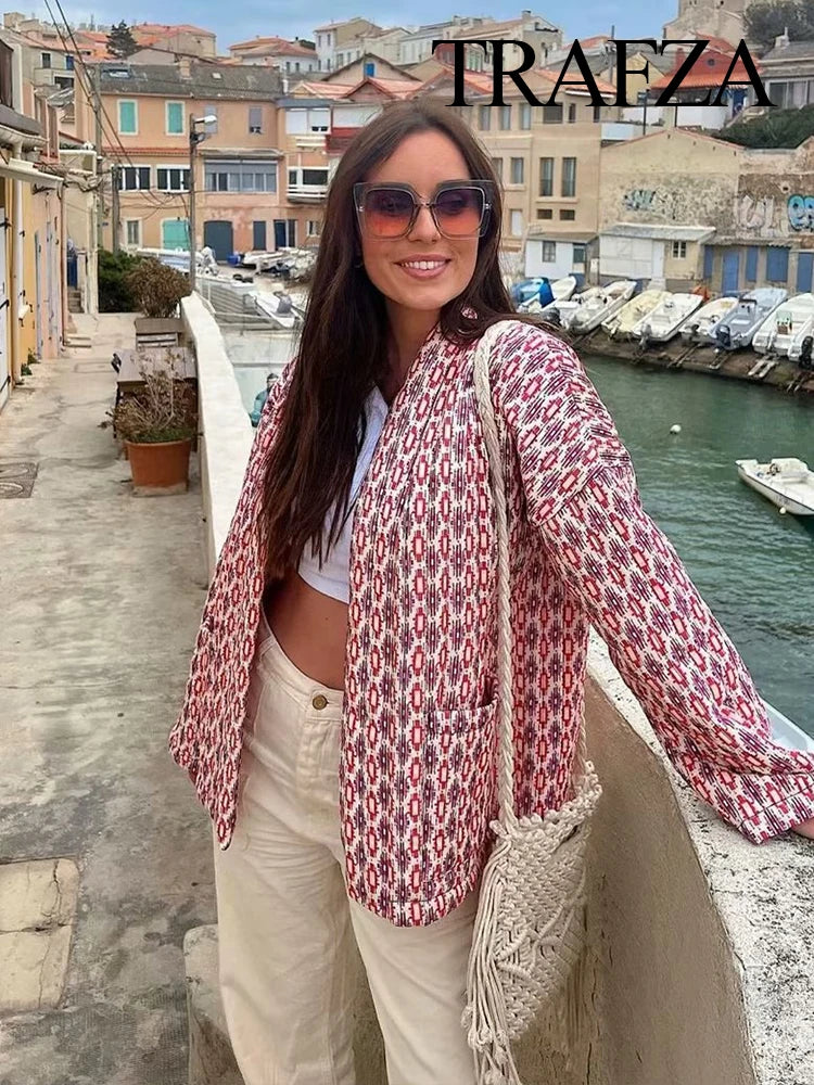 TRAFZA Vintage Patchwork Thick Cotton Jacket Women Loose Pocket Long Sleeve Autumn Winter Jacket Female O-Neck Ladies Outwear