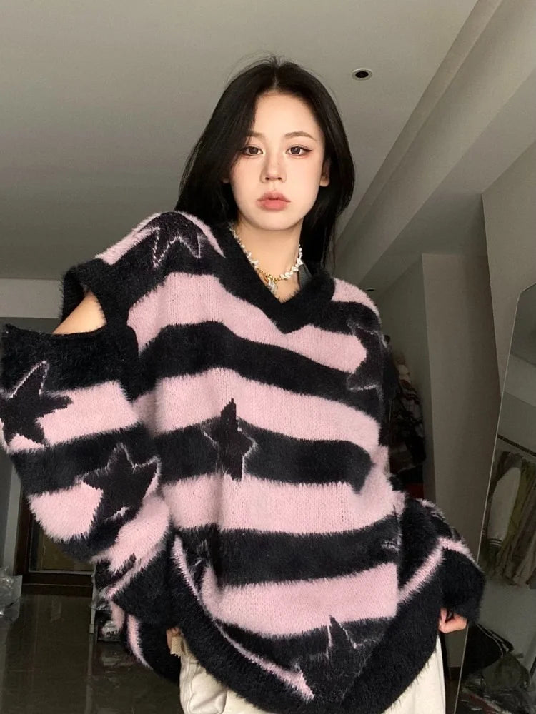 ADAgirl Harajuku Striped Sweater Oversize Y2k Style Pink Detachable Sleeves Star Print Jumpers Gothic Winter Korean Alt Clothes