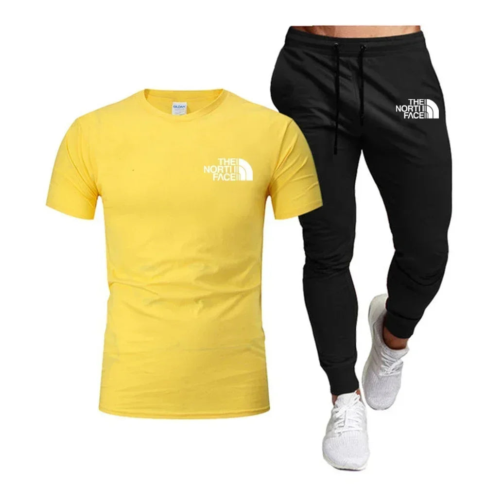Summer 2025 Men Tops 100% Fashion Cotton Short Sleeve Long Sweatpants Streetwear 2 Piece Sets Men Clothing