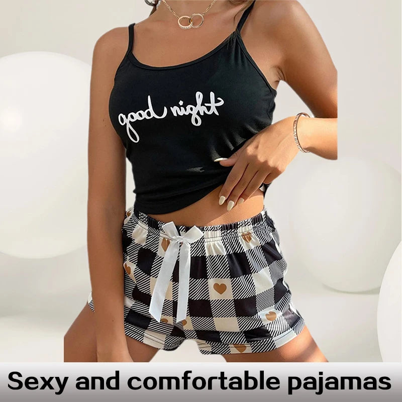 Two Piece Women's Summer Home Set with Round Neck Suspender Letter Vest Bow Plaid Shorts Pajama Set