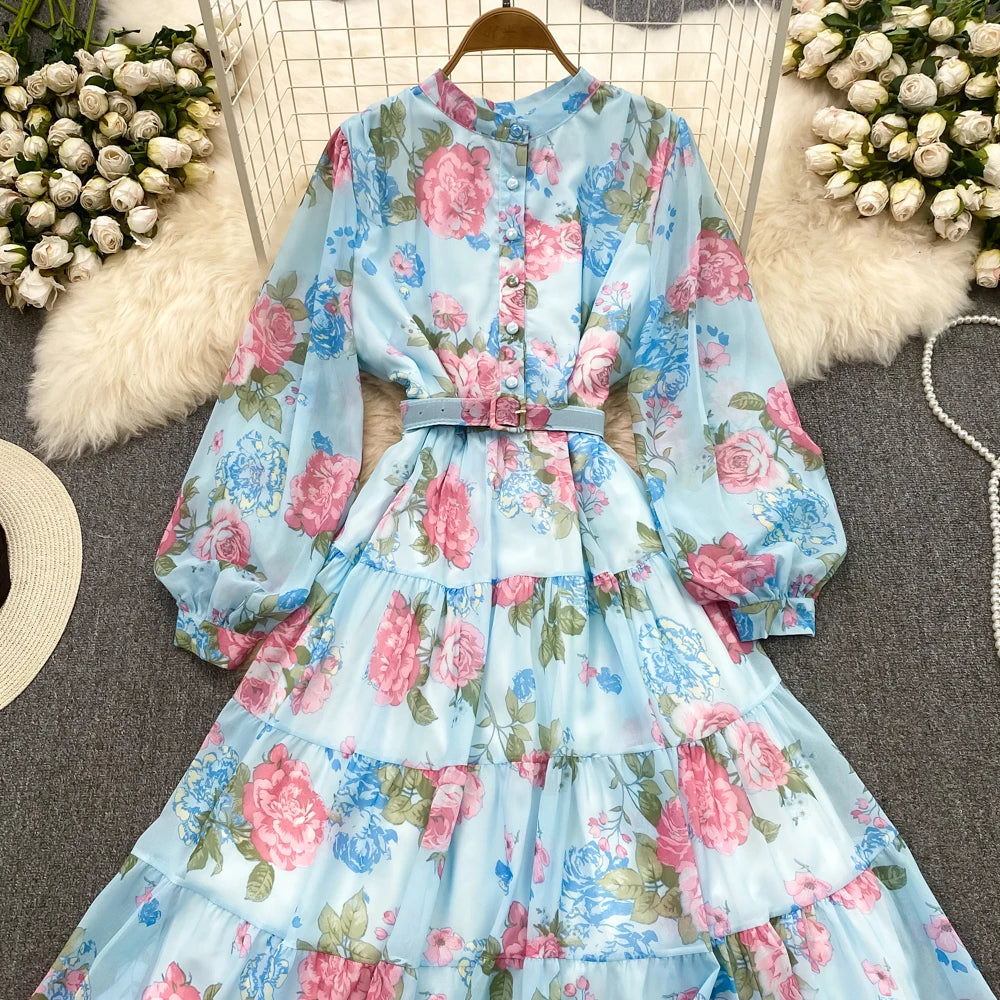 Spring Autumn Women Floral Chiffon Long Dress Vintage Purple/Pink/Black/Beige Stand Collar Single Breasted Maxi Robe Elegant New Viralgem Store