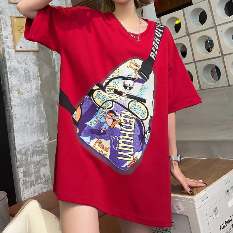 Summer Y2k Clothes New Messenger Bag Printed Pocket Zipper T-shirt Women Europea Style Casual Large Size Couple Casual Tees Tops