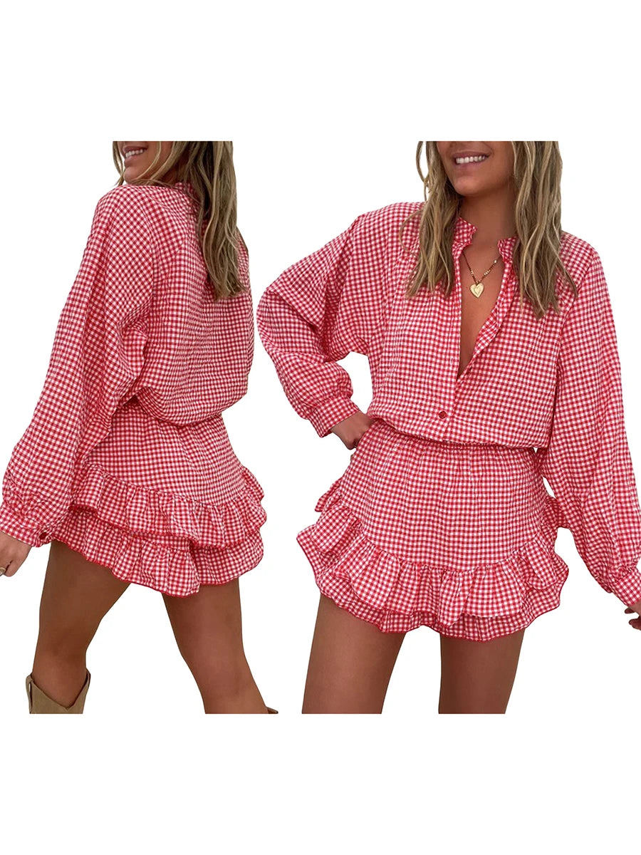 Women Retro Aesthetic Two Piece Outfits Skirts Sets Plaid Print Long Sleeve Button Shirts+High Waist Layered Mini Skirts Clothes Viralgem Store