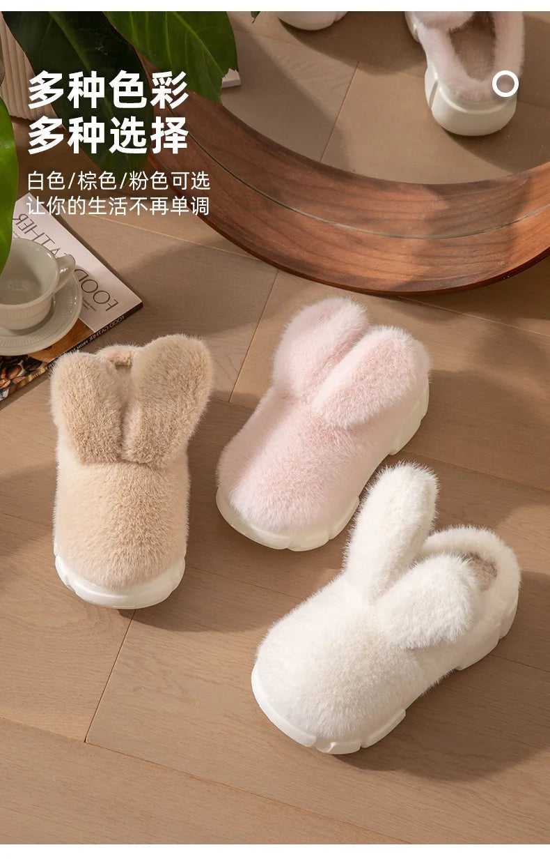 8 cm High platform fur slippers women's winter fluffy ear home shoes woman white bunny rabbit slippers woman house clog shoes